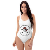 pirate island's white one piece swimsuit with our Logo on the front and "Argh You Ready?" on the rear.